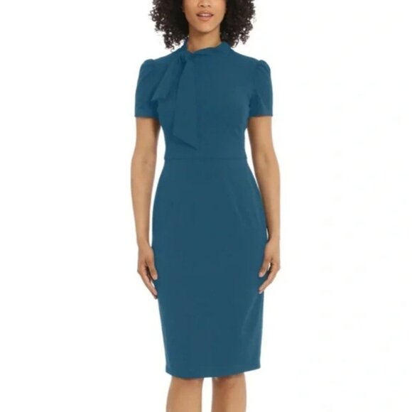 Maggy London Dress Women's 16 Turquoise Green Tie Neck Midi Career Office NWT - Picture 2 of 12